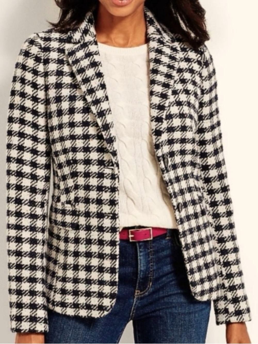 NWOT Talbots Houndstooth Wool Blend Blazer 14P Black Cream Tweed Career